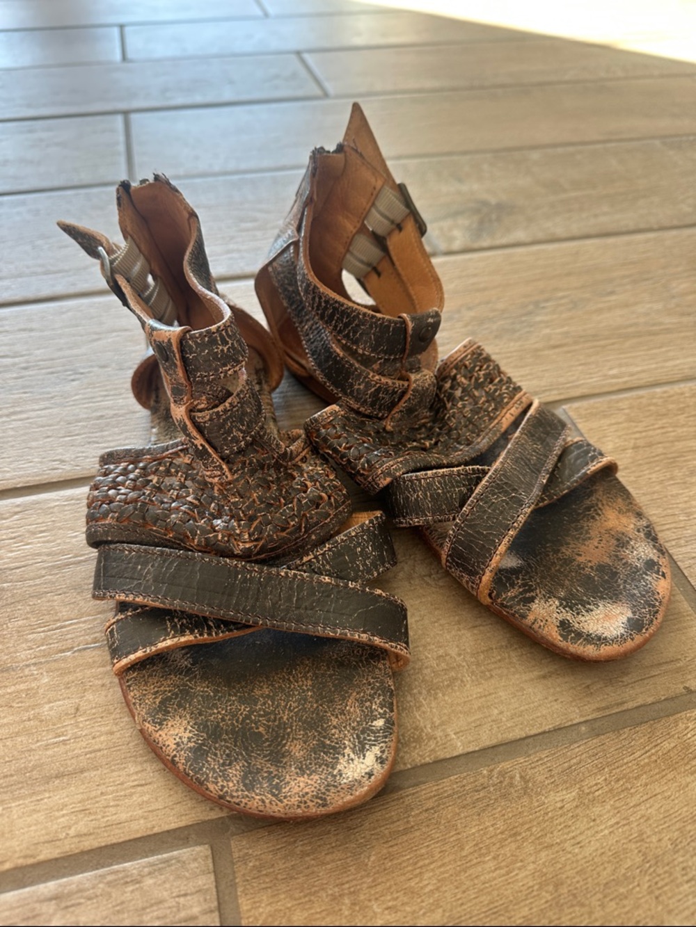 Bed Stu Distressed Black and Brown Leather Woven Sandals